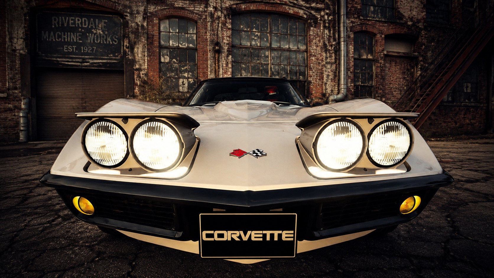 C3 Corvette at dusk with pop-up headlights raised