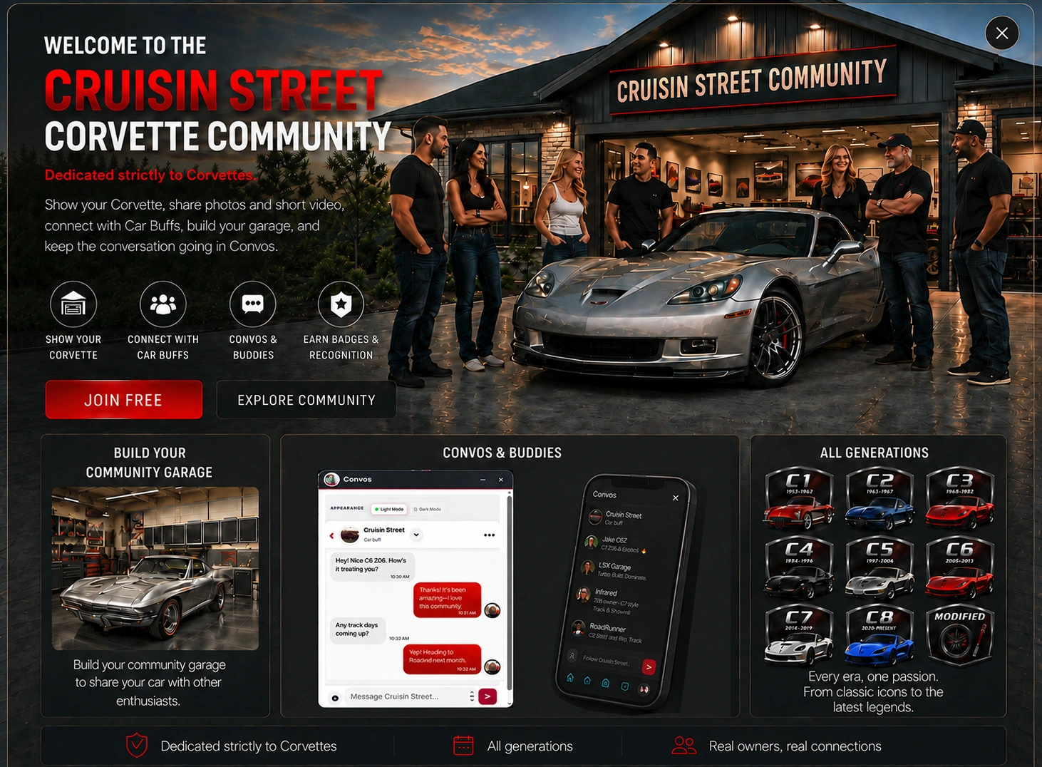 Cruisin Street Community welcome — Corvette owners, community garage, feed, Convos and Corvette generations